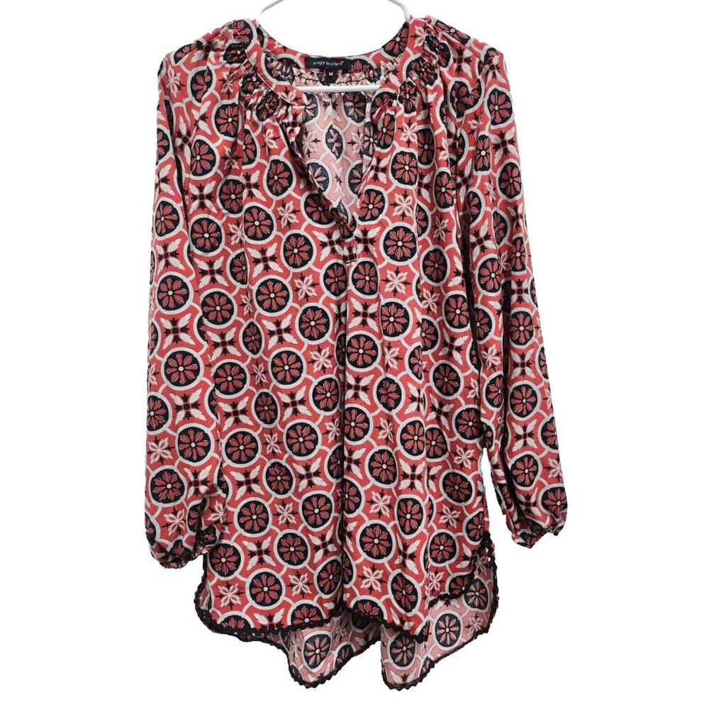 Simply Southern BOHO Top Womens Medium Coral Black Floral Long Sleeve Casual